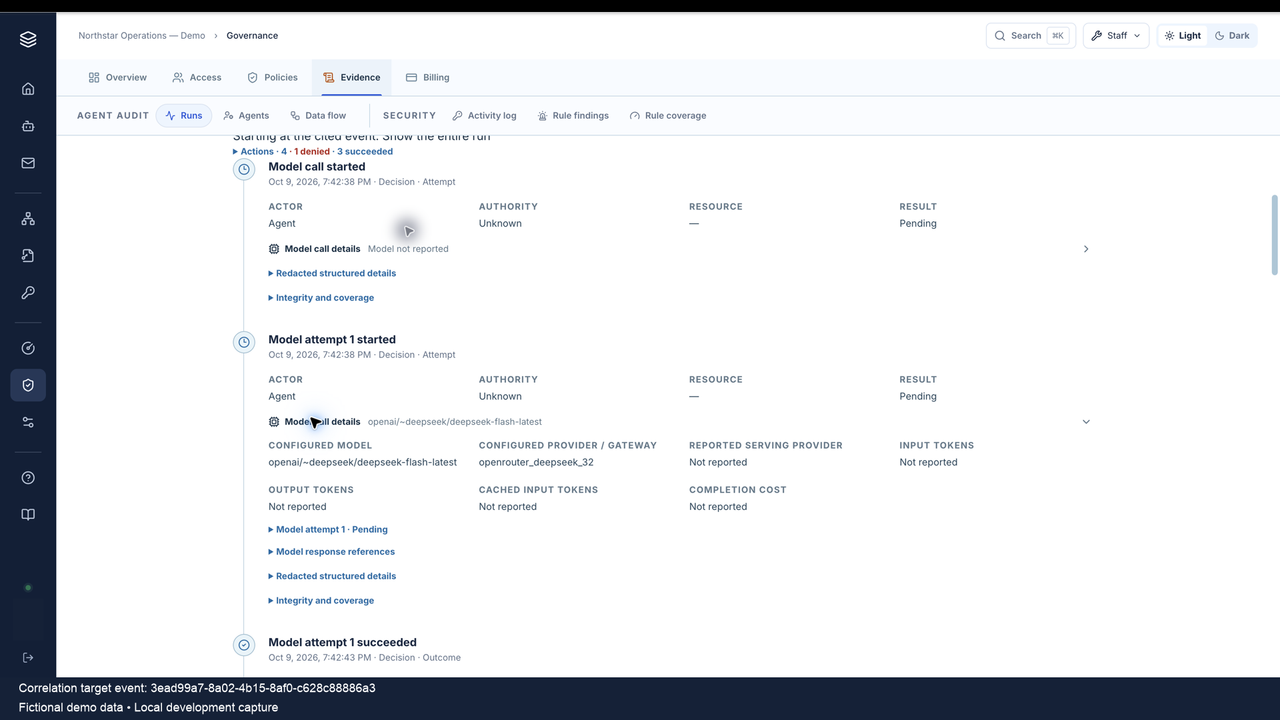 Linked model attempt showing Unknown authority, Pending result, and provider, usage, and cost fields marked Not reported.