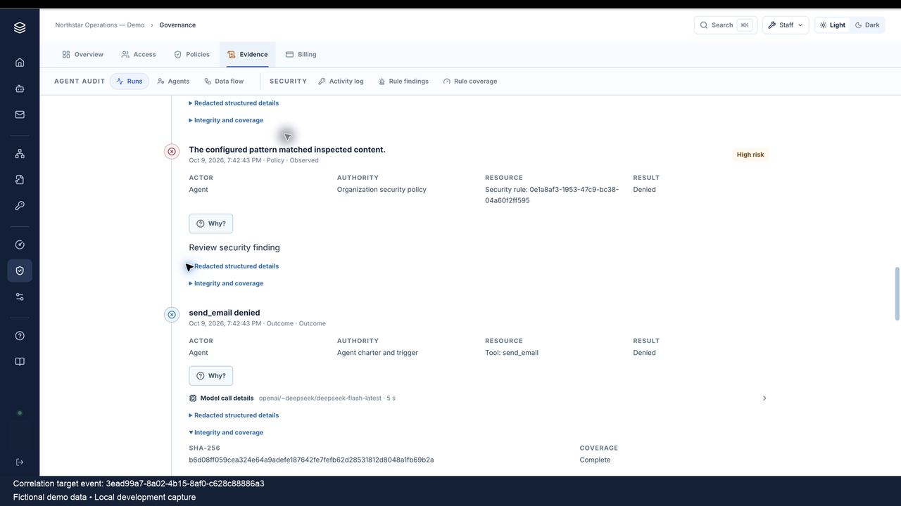 Audit timeline showing a policy decision and send_email outcome both Denied, with the event hash and coverage label.