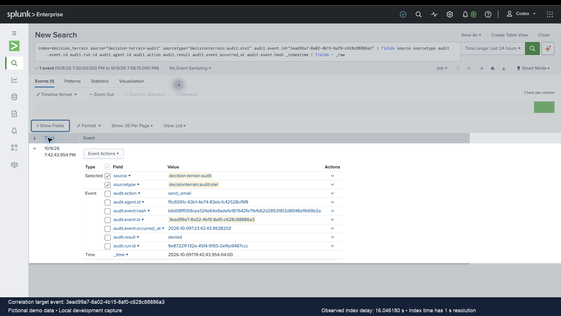 Splunk selected-field result showing send_email, denied, and matching event, agent and run IDs, occurrence time and hash. Fictional demo data; local development capture.