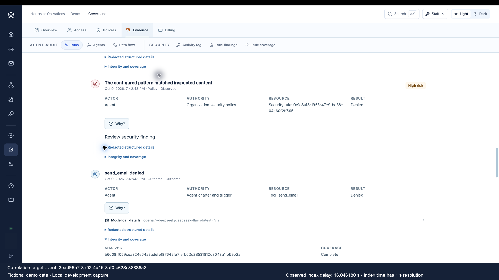Local Decision Terrain audit timeline showing send_email denied and the retained event hash, with Fictional demo data and Local development capture disclosure.
