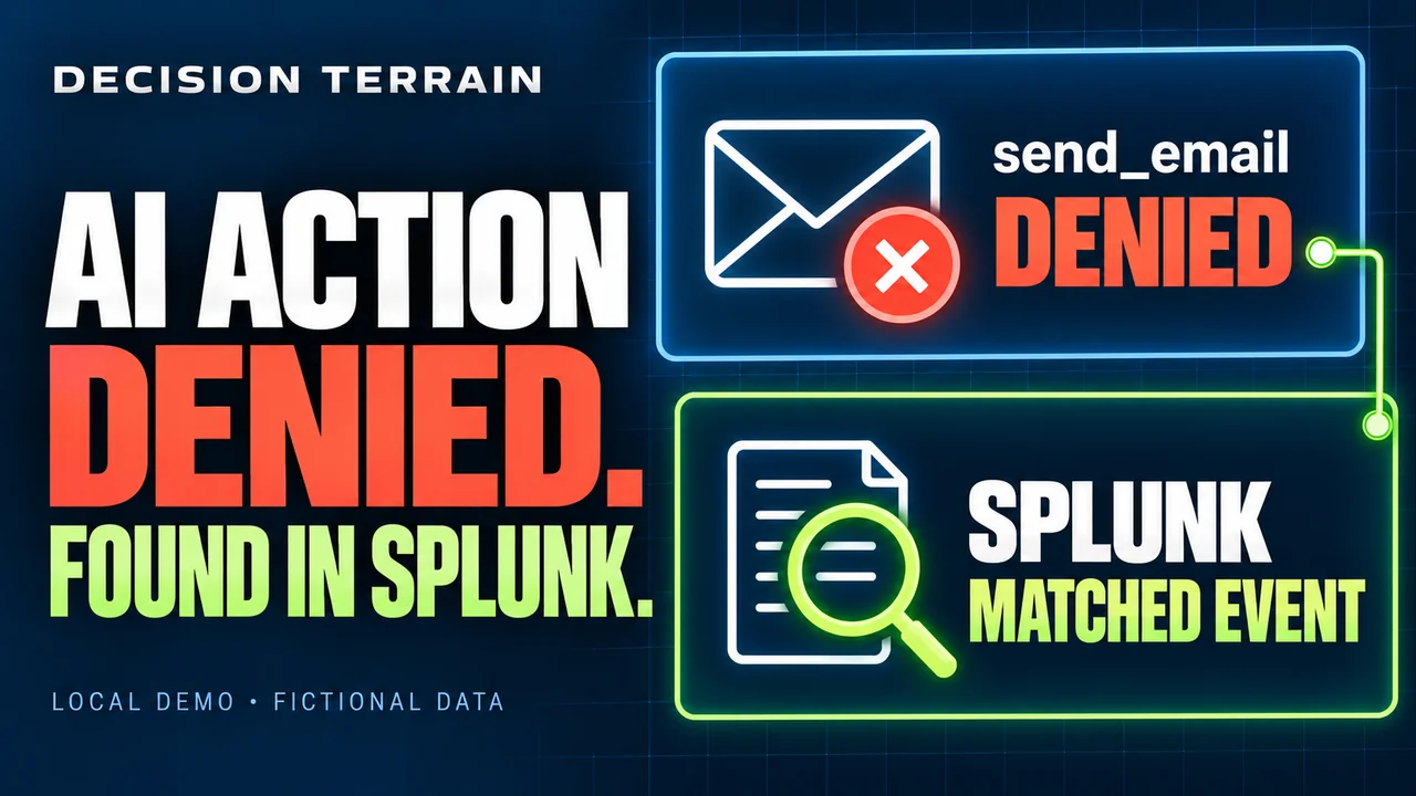 Decision Terrain thumbnail reading AI action denied, found in Splunk, with illustrated denied email and matching-event cards. Local demo; fictional data.